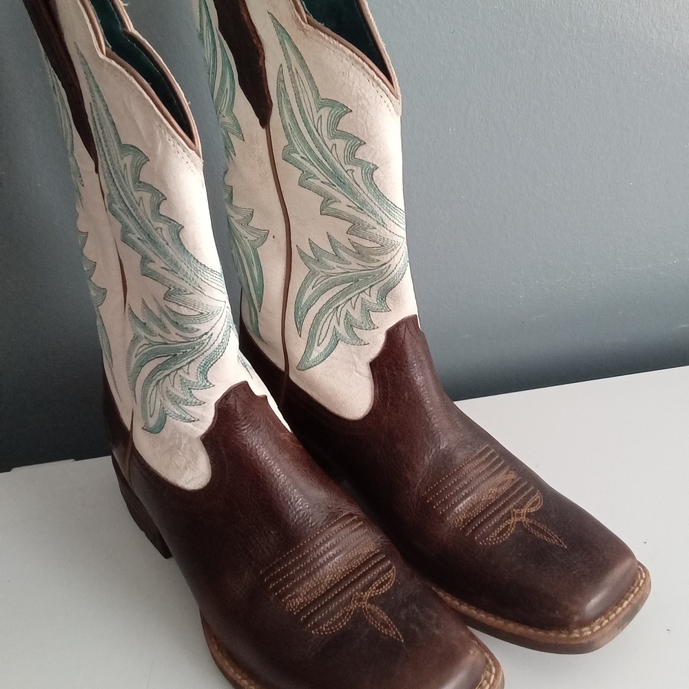 Ariat Womens Brown Leather Square Toe Western Cowboy Boots Teal Embroidery